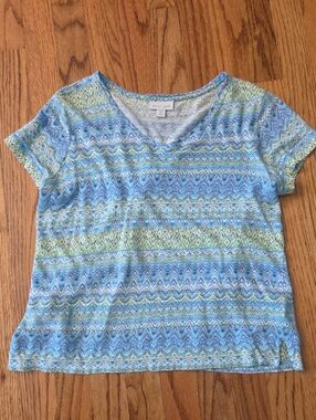 J.Jill V-neck Blues/Yellow love linen Short-sleeve Tee Size: SP